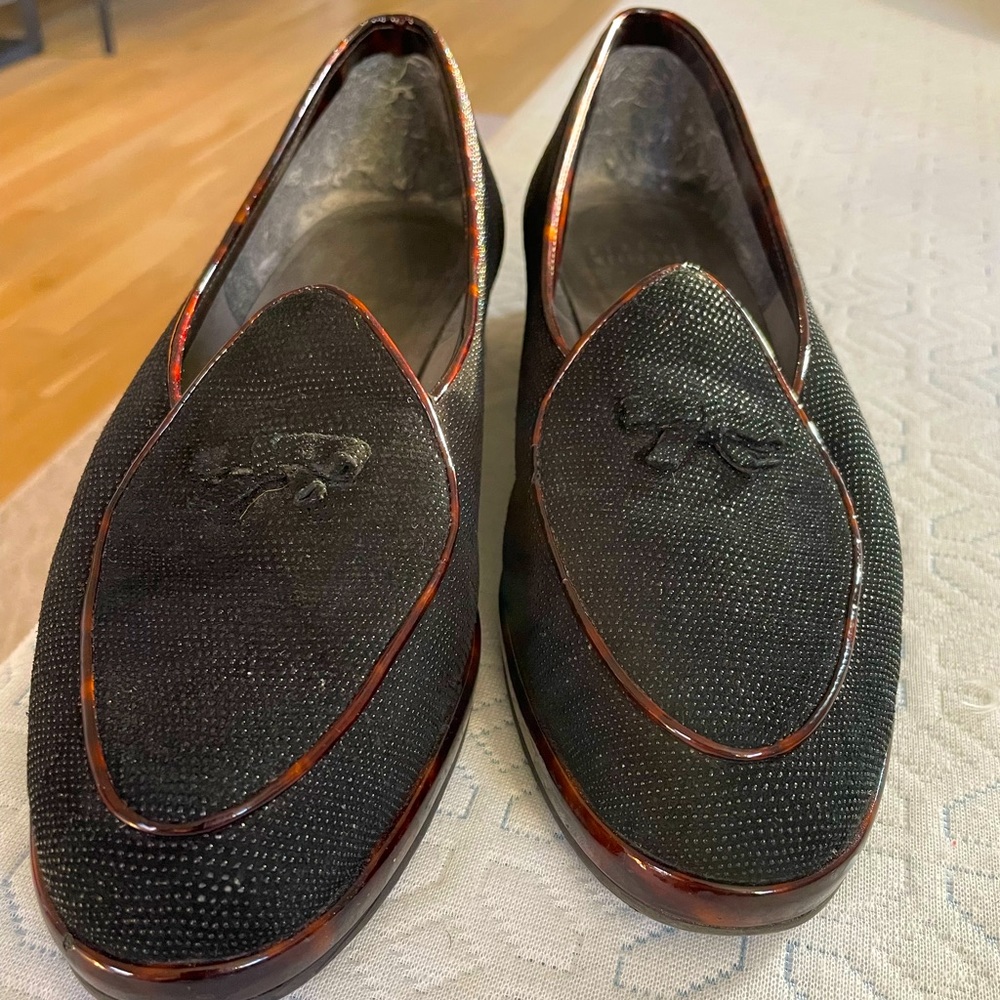 Stuart Weitzman Beaded Black Tortoise Belgian Bow Loafers